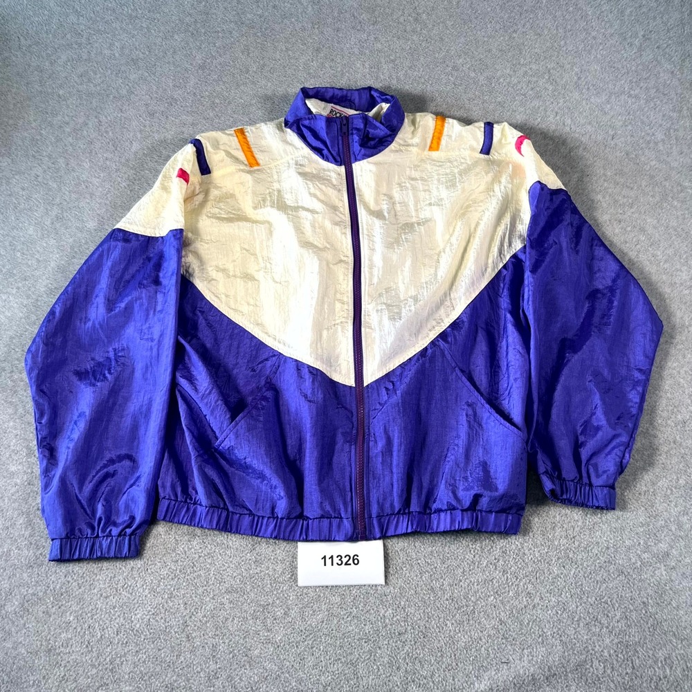 Vintage Rock Creek Casuals Windbreaker Jacket Mens Large Blue Cream Mock Neck